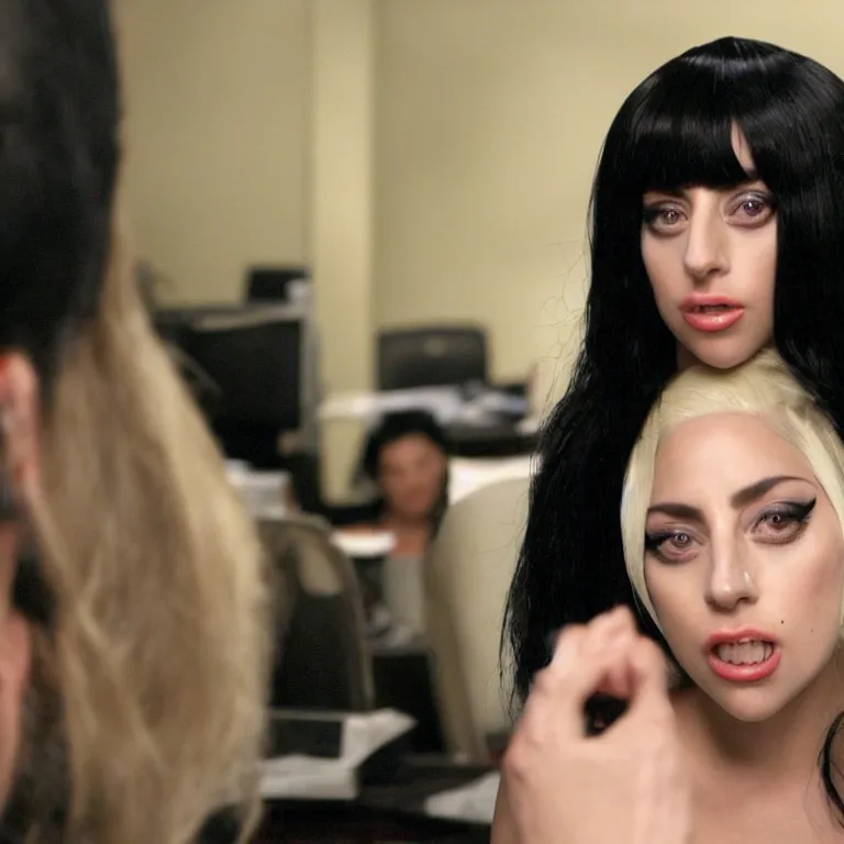 Prompt: confused lady gaga ( black haired ) looking at the camera, from the office ( 2 0 0 5 ), detailed background, uhd, low light, cinematic, realistic, clear face, clear eyes.