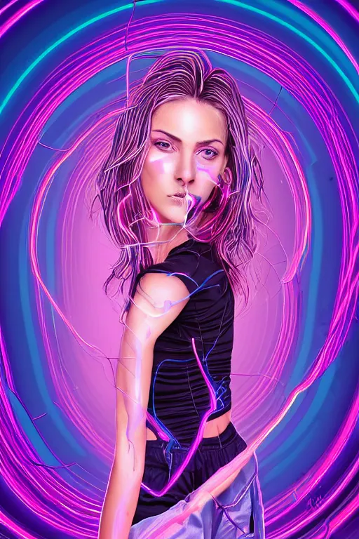 Image similar to a award winning half body portrait of a beautiful woman with stunning eyes in a croptop and cargo pants with ombre purple pink teal hairstyle and hands in pockets by thomas danthony, surrounded by whirling illuminated lines, outrun, vaporware, shaded flat illustration, digital art, trending on artstation, highly detailed, fine detail, intricate