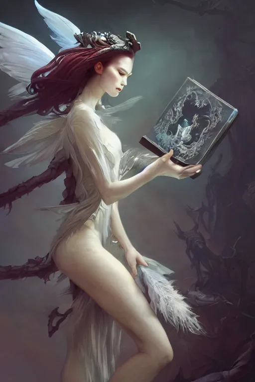 Prompt: beautiful ghost model wearing crystal white feathers, holding books, fantasy, dramatic lighting, highly detailed, digital painting, magic the gathering, hyper detailed, 3 d render, hyper realistic detailed portrait, peter mohrbacher, wlop, ruan jia