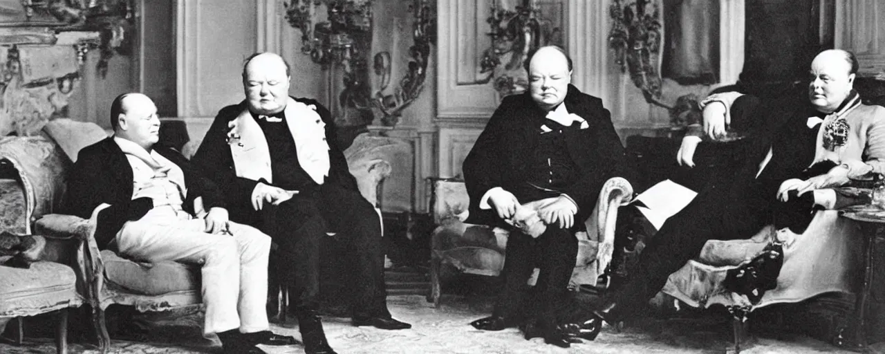 Image similar to Winston Churchill talking to Napoleon Bonaparte, vintage photo