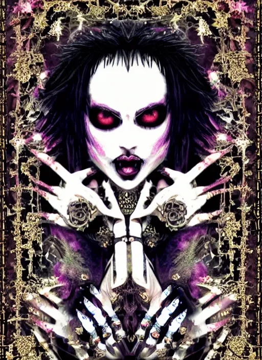 Image similar to baroque bedazzled gothic royalty frames surrounding a pixelsort emo demonic horrorcore Japanese Edward Scissorhands, chromatic aberration, sharpened VHS footage