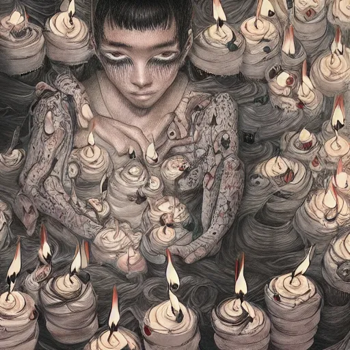 Image similar to epic view of a giant birthday cake with lit candles by junji ito and james jean and esao andrews, cake, candles, 4 k, hyperdetailed, hyperrealistic, trending on artstation, pencil art on paper, horror, dramatic lighting