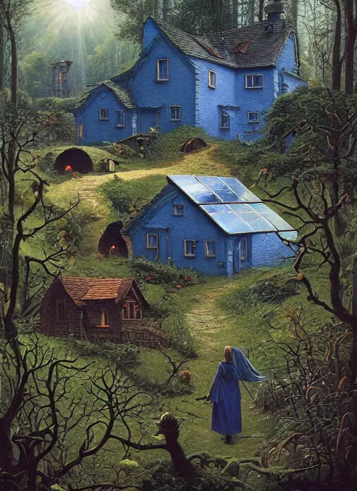 Image similar to hyper realistic witch cottage with solar panels with happy lighting and technology in the woods gorgeous lighting, sunbeams blue sky, lush forest foliage painting by zdzisław beksinski and norman rockwell and greg rutkowski weta studio, and lucasfilm