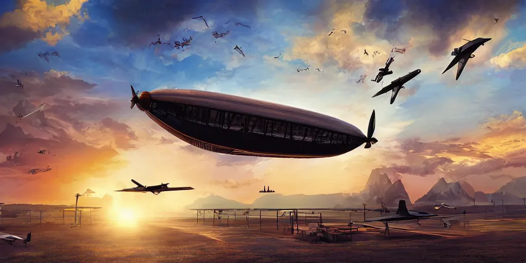 Prompt: Steampunk Air Haven, old school zeppelin, byplanes, landing platform digital Art, sunset lighting