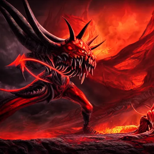 Image similar to a hyper realistic photo of the demon lord aatrox fighting against leg guy the unbeatable on a barren hellscape surrounded by a ring of fire, ultra detailed, hdr, 8 k