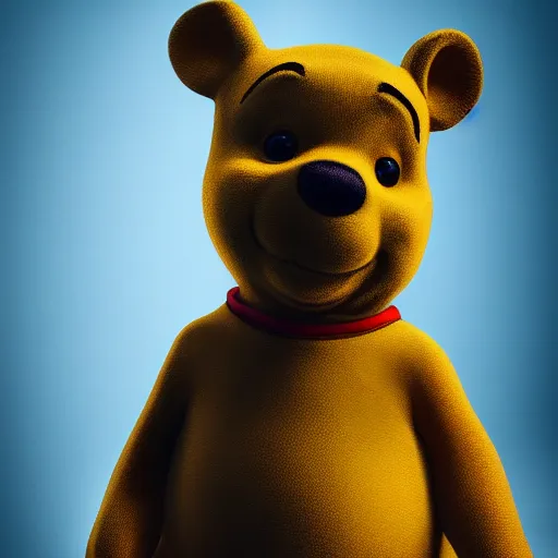 Image similar to portrait photography of winnie the pooh, head and shoulders portrait, dramatic lighting, sigma 8 5 mm f _ 1. 4, 8 k, award winning photography