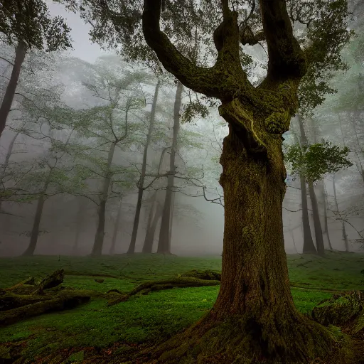 Image similar to ancient oak forest in blue hour light and misty waterfalls