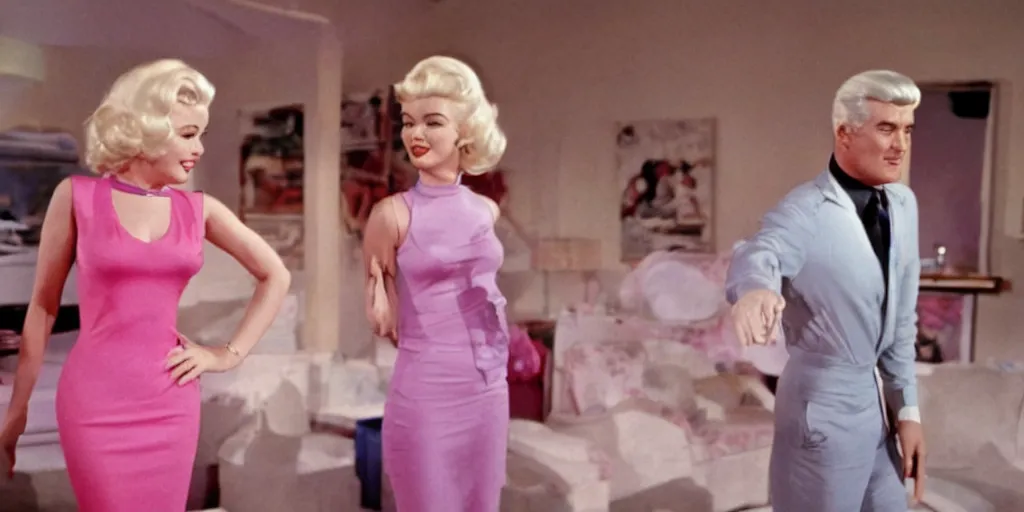 Image similar to Still of Marilyn Monroe as Barbie and Rock Hudson as Ken in the Barbie movie from 1963 set in the big house on Malibu, cinematic in technicolor