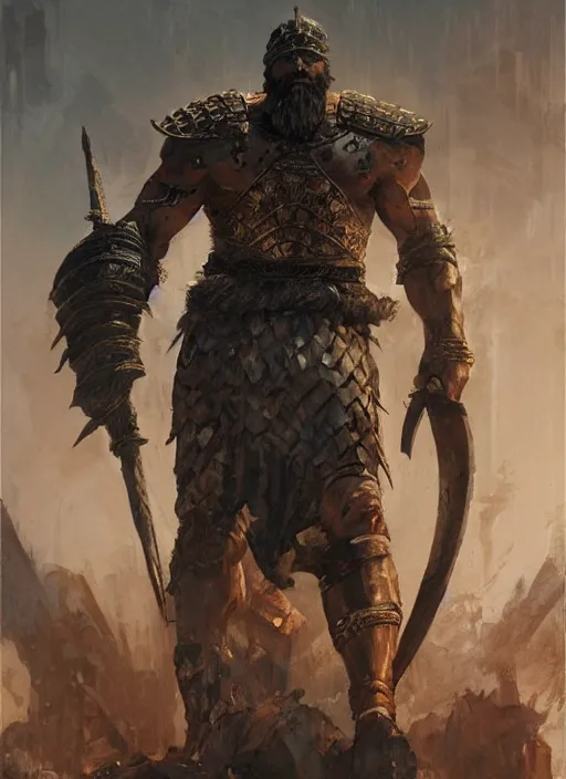 Prompt: ancient historically accurate depiction of the Bible Character Goliath of Gath, the Philistine warrior giant in ancient persian chainmail armor, dramatic lighting art by Yoji Shinkawa by Richard Schmid by greg rutkowski by Sandra Chevrier by Jeremy Lipking cinematic dramatic