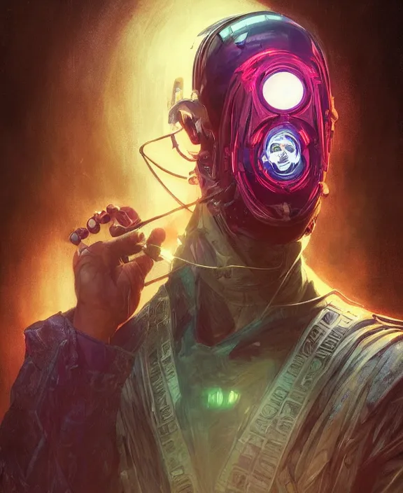 Image similar to portrait of a cyberpunk masked male evil, half body, glowin eyes, d & d, fantasy, intricate, elegant, highly detailed, colorful, vivid color, digital painting, artstation, concept art, art by artgerm and greg rutkowski and alphonse mucha and ruan jia