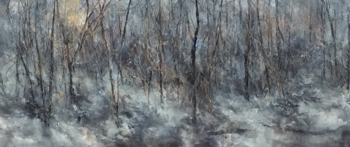 Prompt: the severe wind roars through an abstract forest in winter, cold lighting, oil painting, by Zhao Wuji