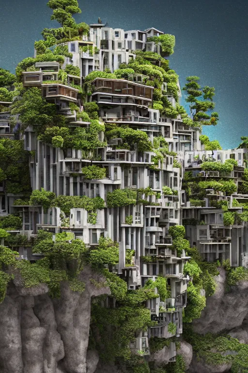 Prompt: 2 d autocad elevation illustration of an awesome sunny day environment concept art on a cliff, nature meets architecture by kengo kuma, ian hubert and wes anderson with village, residential area, mixed development, highrise made up staircases, balconies, full of glass facades, cgsociety, fantastic realism, artstation hq