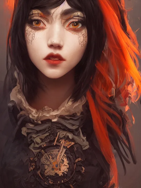 Image similar to Full shot of a mischievous young witch about to get up to some trouble. Latin American fashion. Black and Orange palette. Latina girl. brown skin. Symmetrical facial features. By Ruan Jia and Artgerm and Range Murata and WLOP. Key Art. Fantasy Illustration. award winning, Artstation, intricate details, realistic, Hyperdetailed, 8k resolution.