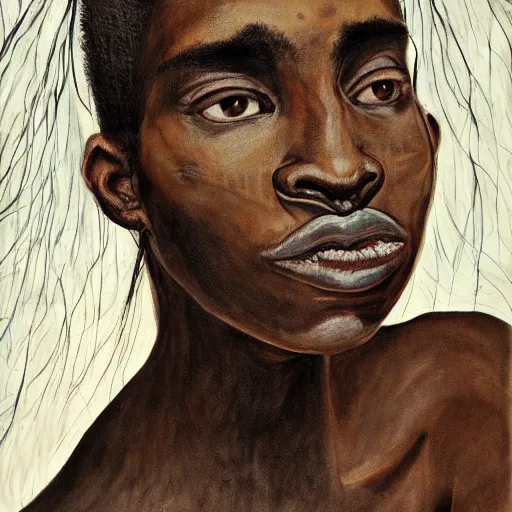 Image similar to a painting of a elegant, well fed, smooth-chinned, long nose, African, elder with few eyebrows by Wangechi Mutu . thinker without facial hair, thoughtful, focused, visionary, calm, jovial, loving, fatherly, generous, . dramatic angle, ethereal lights, details, smooth, sharp focus, illustration, realistic, cinematic, artstation, award winning, rgb , unreal engine, octane render, cinematic light, macro, depth of field, blur, red light and clouds from the back, highly detailed epic cinematic concept art CG render made in Maya, Blender and Photoshop, octane render, excellent composition, dynamic dramatic cinematic lighting, aesthetic, very inspirational, arthouse.