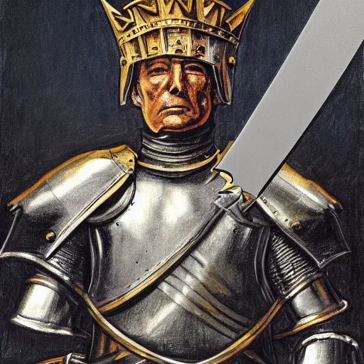 Prompt: knights armor, donald trump, crown, donald trump's face, detailed face, posing with a sword, by hans thoma
