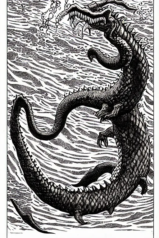 Image similar to ogopogo monster as a d & d monster illustration, full body, pen - and - ink illustration, etching, by russ nicholson, david a trampier, larry elmore, 1 9 8 1, hq scan, intricate details, inside stylized border