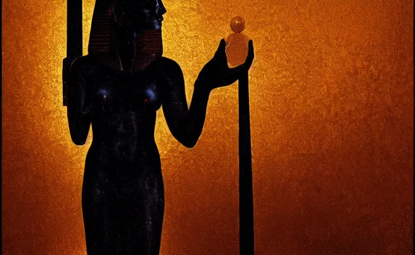 Prompt: a glowing egyptian silhouette of a marble statue in baroque neoclassicist halls. detailed textures. gloomy, dark black background. highly detailed fantasy science fiction painting by moebius, norman rockwell, frank frazetta, and syd mead. rich colors, high contrast. artstation