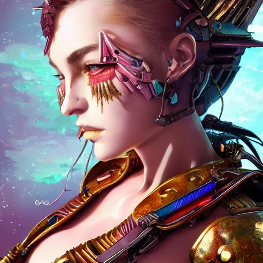 Image similar to studio portrait of lawful good colorful female holy mecha paladin absurdly beautiful, elegant, young sensual graceful woman, ultrafine hyperrealistic detailed face illustration by kim jung gi, irakli nadar, intricate linework, sharp focus, bright colors, matte, octopath traveler, final fantasy, unreal engine highly rendered, global illumination, radiant light, intricate environment