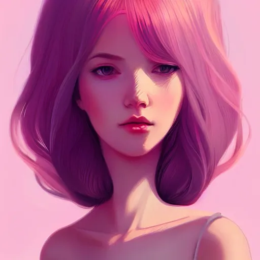 Image similar to young female in summer dress art, pastel light pink long hair, muted colors, matte print, pastel colors, ornate, digital art, digital painting, fan art, elegant, artstation, head is centered, by Ilya Kuvshinov