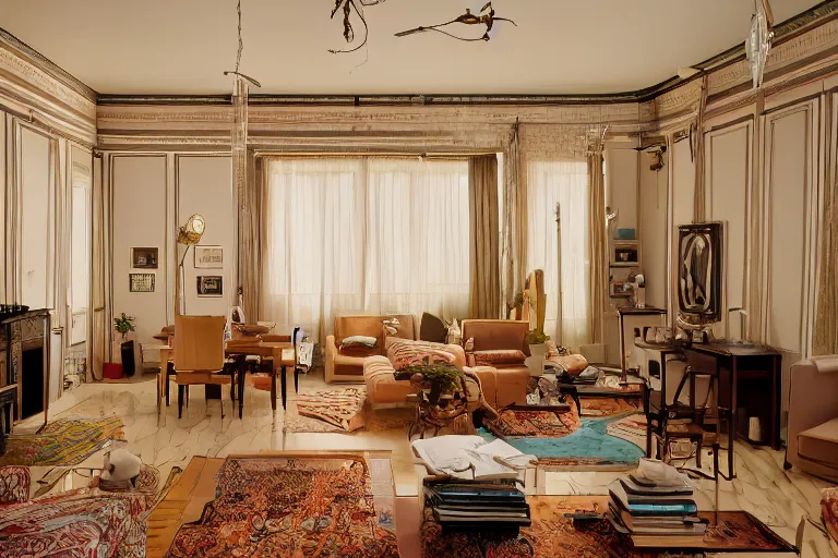 Prompt: apartment interior by wes anderson