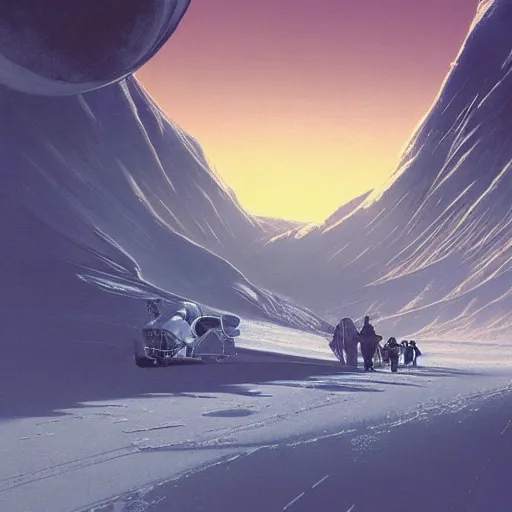 Image similar to Frozen frontiers on an alien planet, floating mountains above clouds in the background, vanishing perspective of a road, ravine, Syd Mead, John Harris, Federico Pelat,