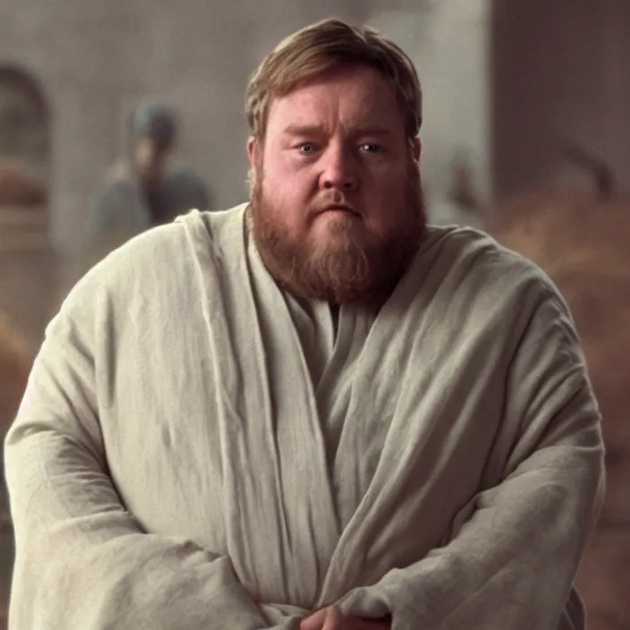 Image similar to obi wan kenobi but obese!! and overweight, photoralistic rendering, movie still, screenshot, hyperdetailed