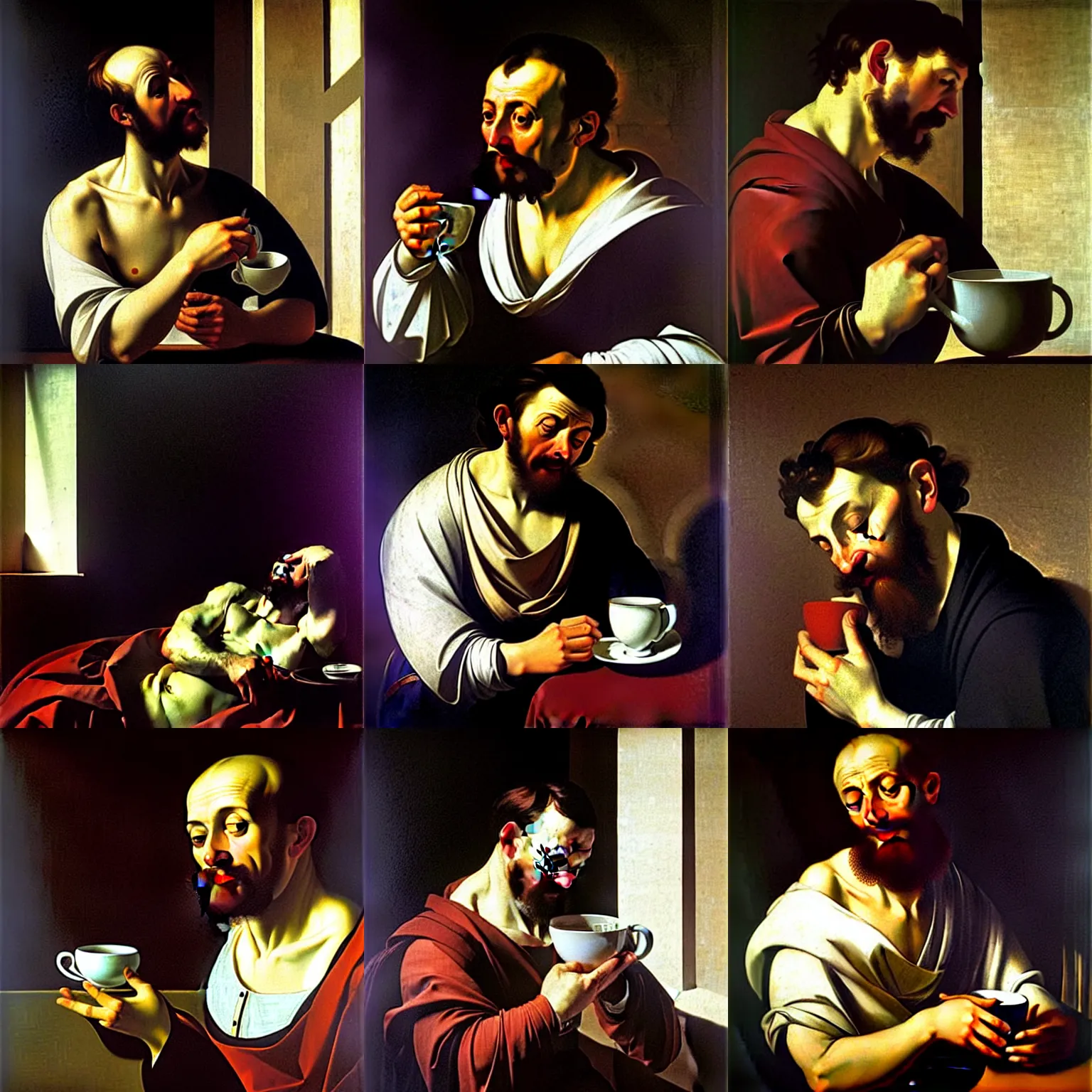 Prompt: It's morning. Sunlight is pouring through the window bathing the face of a man enjoying a hot cup of coffee. A new day has dawned bringing with it new hopes and aspirations. Painting by Caravaggio, 1604