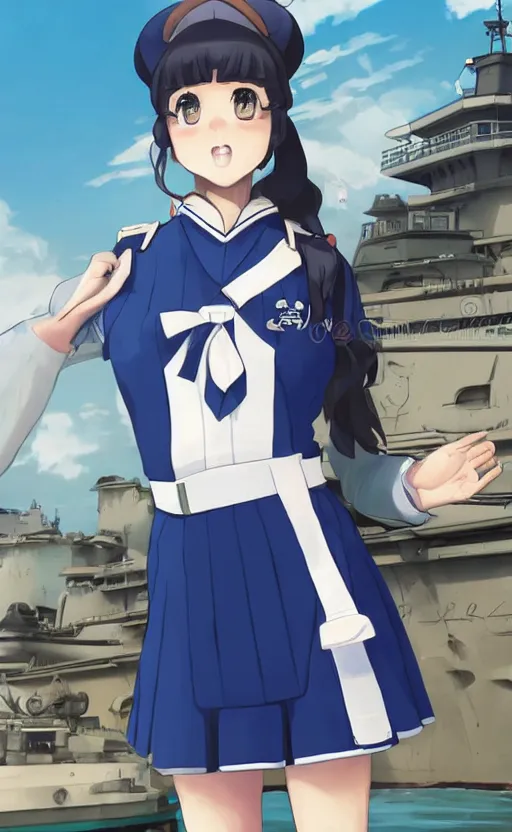 Image similar to portrait of a shipgirl in sailor uniform, highly detailed, high resolution, military naval port in the background, the front of a modern trading card, illustration, character concept art, stunning, kancolle style, matte, 100mm, by japanese artist shibafu, realistic human anatomy, realistic military carrier, modern warfare, realistic gun design, digitally draw on wacom tablet, low saturation, small eyes, hard surfaces