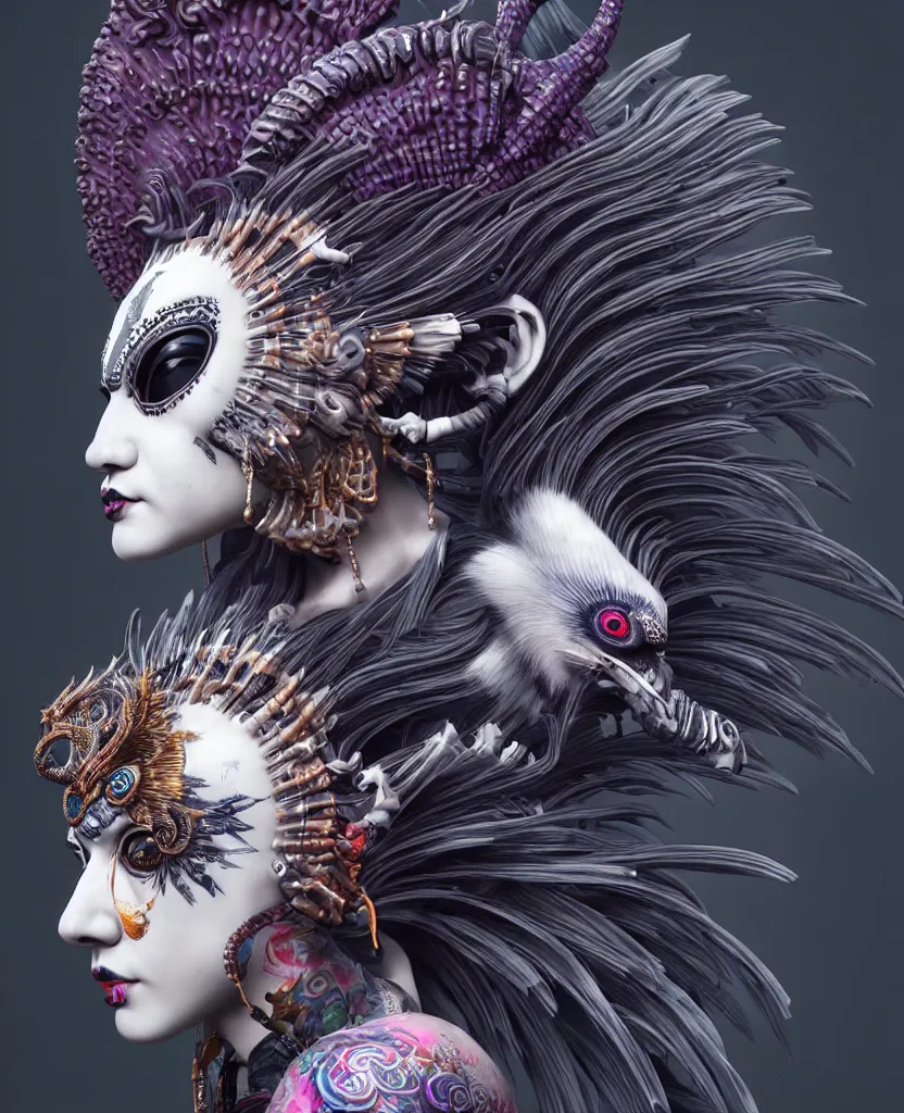 Image similar to 3 d goddess close - up profile portrait punk with mohawk with ram skull. beautiful intricately detailed japanese crow kitsune mask and clasical japanese kimono. betta fish, jellyfish phoenix, bio luminescent, plasma, ice, water, wind, creature, artwork by tooth wu and wlop and beeple and greg rutkowski