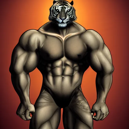 Image similar to A muscular standing tiger posing for the camera, featured on DeviantArt, FurAffinity, furry art, anthro