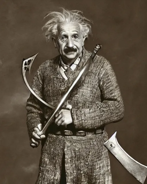 Image similar to albert einstein wearing daedric armor wielding a daedric battleaxe d & d detailed photo photorealistic