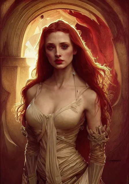 Image similar to sansa angeline jolie gessica chastain mummy zombie killer, intricate, elegant, highly detailed, digital painting, artstation, concept art, smooth, sharp focus, illustration, art by artgerm and greg rutkowski and alphonse mucha and william - adolphe bouguereau