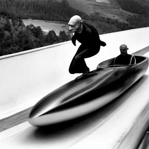 Image similar to portrait of nosferatu is doing bobsleigh alone, sport photography