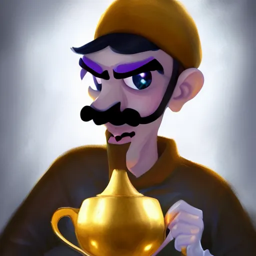 Image similar to waluigi holding golden cup, by lois van baarle, greg rutkowski, artstation, digital art, high detailed, high quality,