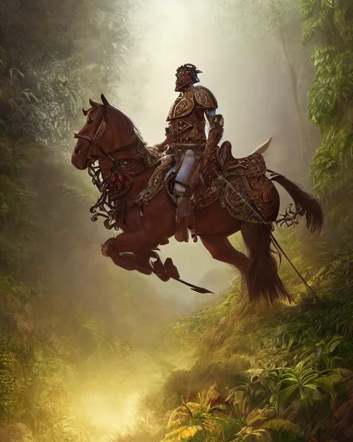Prompt: ultra realistic illustration of a spanish conquistador wearing ornate armor and riding a horse in a dense foggy jungle environment by artgerm and and greg rutkowski and studio ghibli, octane, studio ghibli color scheme, intricate, portrait, anatomy, artstation, cinematic lighting, sharp focus, portrait, tarot card