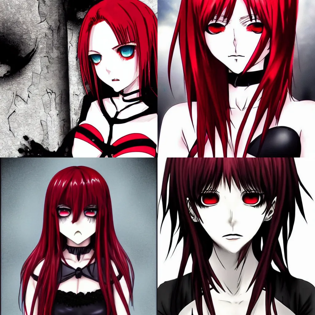 Prompt: seinen manga art of goth girl with red hair, black makeup, and red eyes.