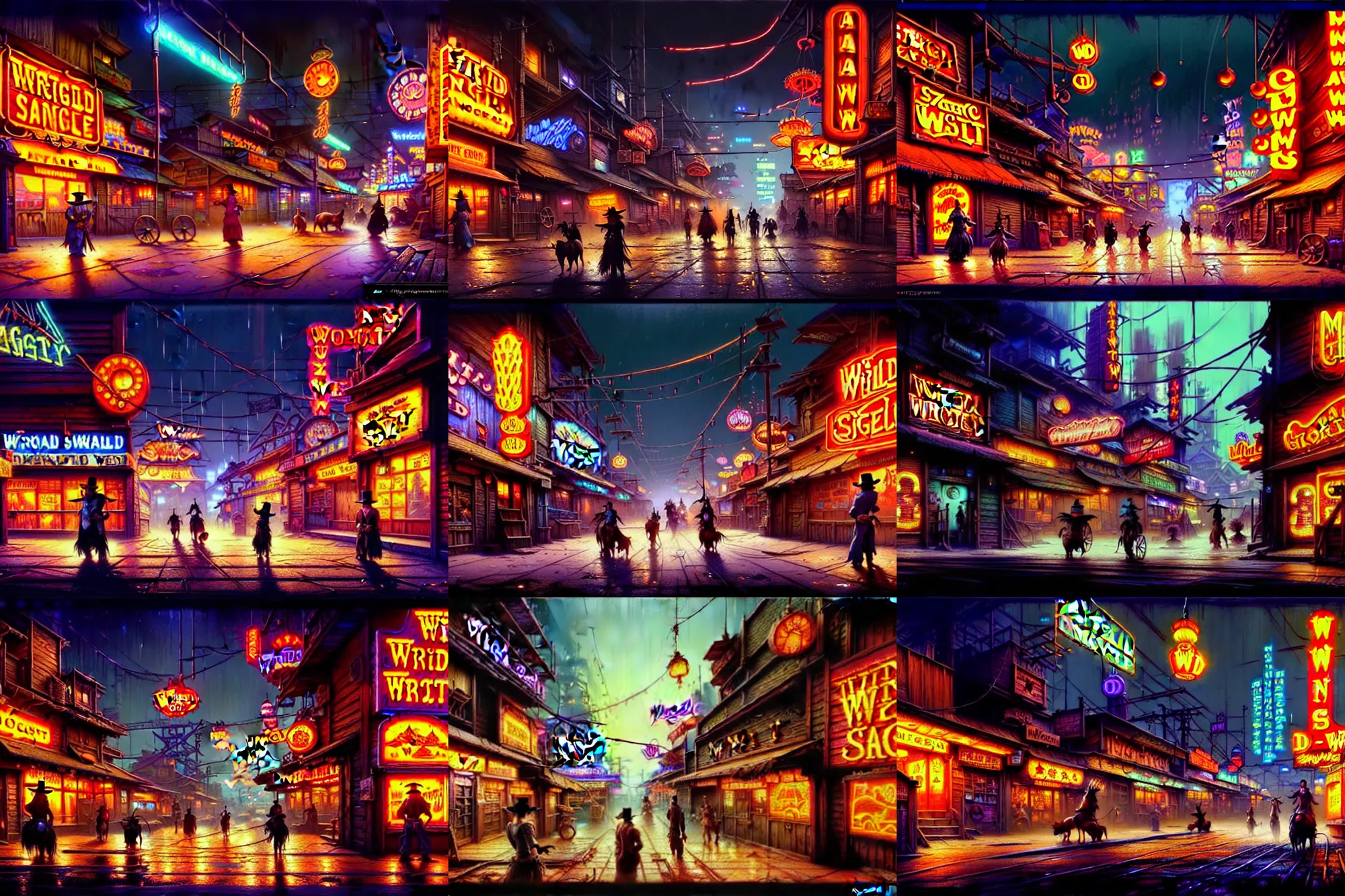 Image similar to A very detailed street-level view of a magical wild-west town at night with wooden buildings and colorful neon lights; beautiful dangerous detailed digital rational painting art by Greg Rutkowski, magic fantasy highly detailed, digital concept art, sharp focus, realistic concept art by Stephen Hickman and James Gurney and Hiromasa Ogura Ghost in the Shell rendered in Octane Render, From a distance