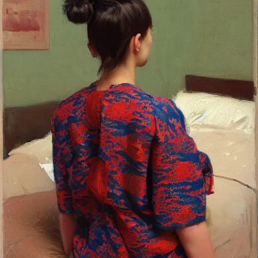 Image similar to girl with pigtails, in african print kimono, backview, bare back, sitting on edge of bed, by jeremy lipking, tim rees, joseph todorovitch