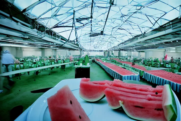 Image similar to 2 0 1 2 watermelon diner, tables repeat endlessly into the horizon, y 2 k cybercore cutecore fruitcore, one point perspective, tyler mitchell photoshoot