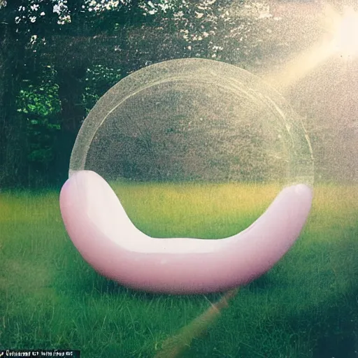 Prompt: a pastel coloured Polaroid photo of a sun lounger surrounded by soft spheres, both made of transparent iridescent perspex stood centrally in a field, beams of light, nostalgic