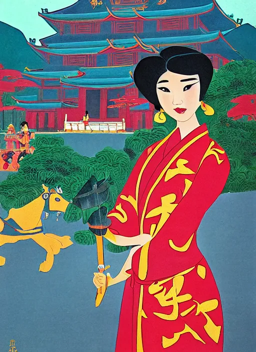 Image similar to mulan in front of chinese temple, by mary blair