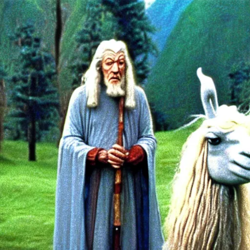 Prompt: still from the movie'' gandalf and the llama'' ( 1 9 9 6 ), 3 5 mm, telephoto