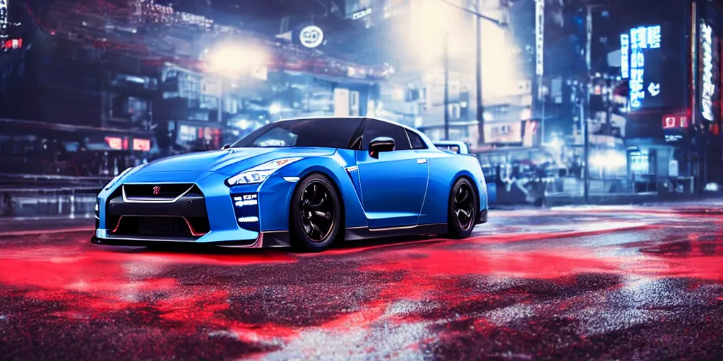 Prompt: NISSAN GT-R with blood vinyil in the middle of a road on the night Tokyo, blue color grading, cinematic color grading , unreal 5, hyperrealistic, realistic, photorealistic, dynamic lighting, highly detailed, cinematic landscape, studio landscape, studio lighting