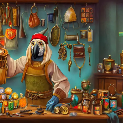 Image similar to Anthropomorphized parrot trader in his shop, selling his wares, portrait, items, gold, magic potions, carpet, window, sly expression , cunning expression, cute expression, beautiful beak, presenting wares, holding a gold bag, D&D, fantasy, cinematic lighting, highly detailed, digital painting, artstation, concept art, smooth, sharp focus, illustration, warm light, cozy warm tint, magic the gathering artwork, volumetric lighting, 8k, art by Akihiko Yoshida, Greg Rutkowski