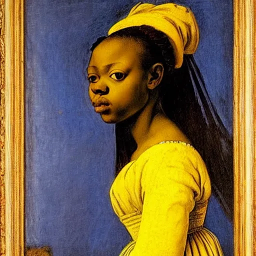 Image similar to a beautiful african girl, she is wearing a yellow dress with blue trim, she has long hair, artemisia gentileschi