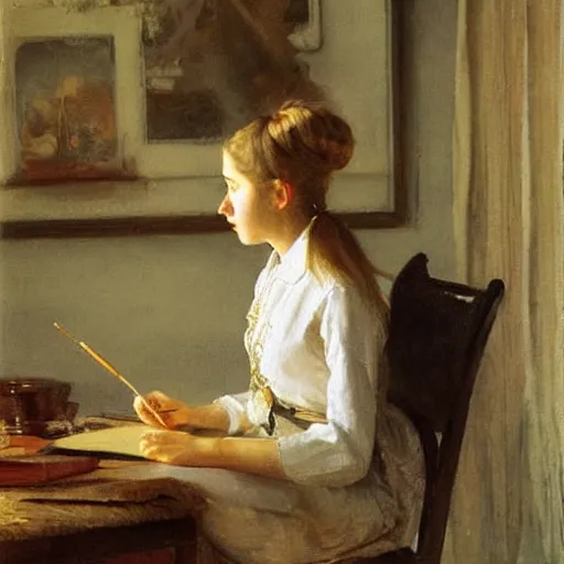 Image similar to a teenage girl with a ponytail is writing a letter with a golden feather pen, by anders zorn, oil painting