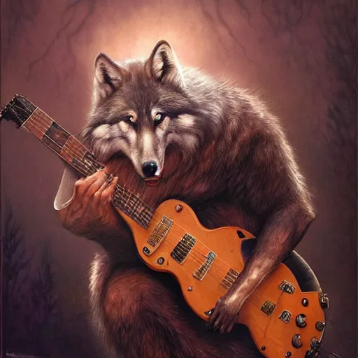 Prompt: Hyperrealistic 1941 The Wolf-Man playing a Gibson electric guitar, by Antonio Caparo, Ferdinand Knab, Greg Rutkowski, Amano, and Karol Bak UHD, vivid colors, photorealistic trending on artstation