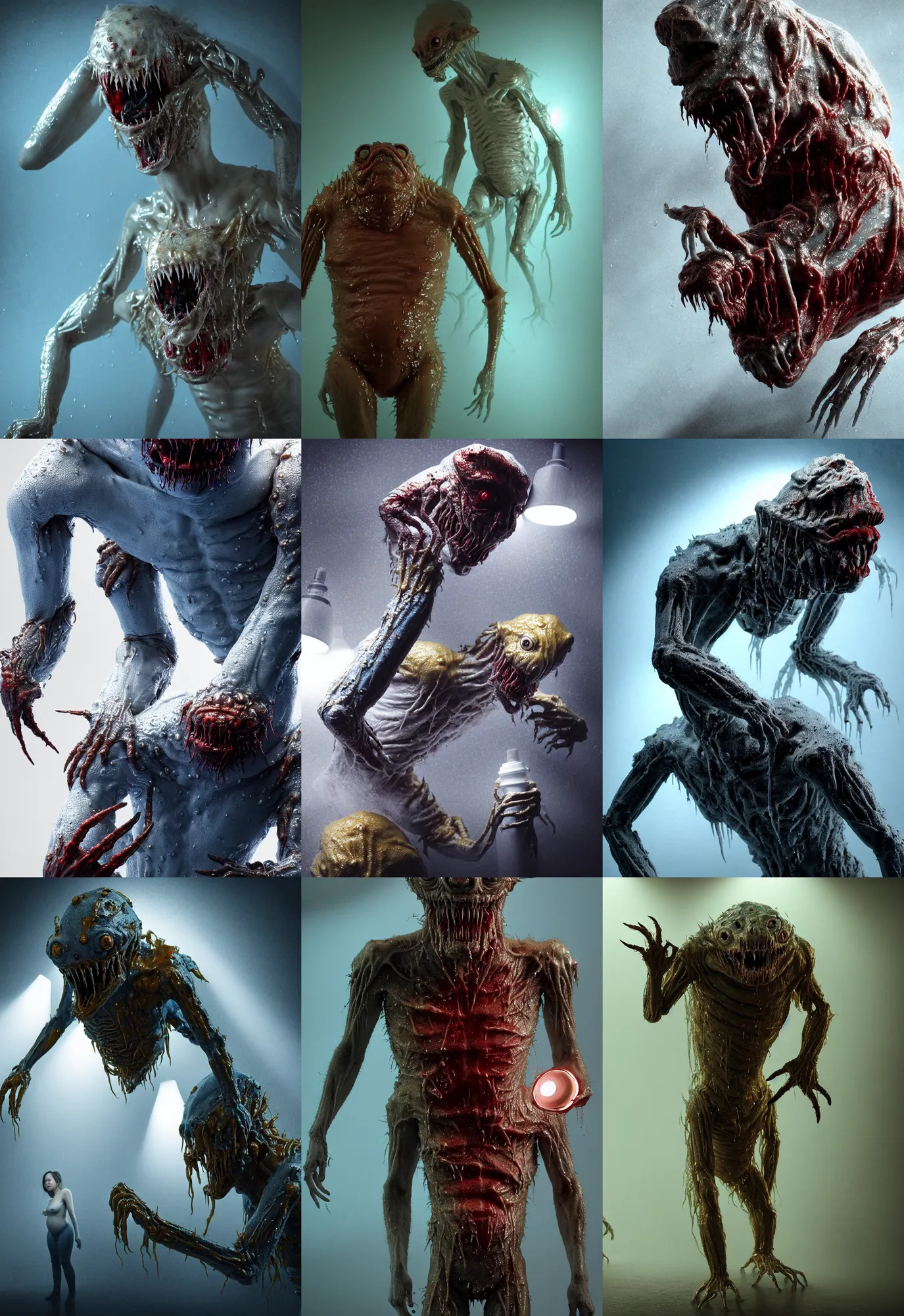 Prompt: a wet skin creature under stage light, crawling humanoid monsters, saliva, membrane pregnancy sac, respiratory flap, super realism, claws, octane rendering, cinematic. white, grey blue and golden red color scheme. medium shot, 2 4 mm, lens dust, old photo, labcoats, knight equipment, david fincher, james wan, gritty, moody, eerie, dark arts