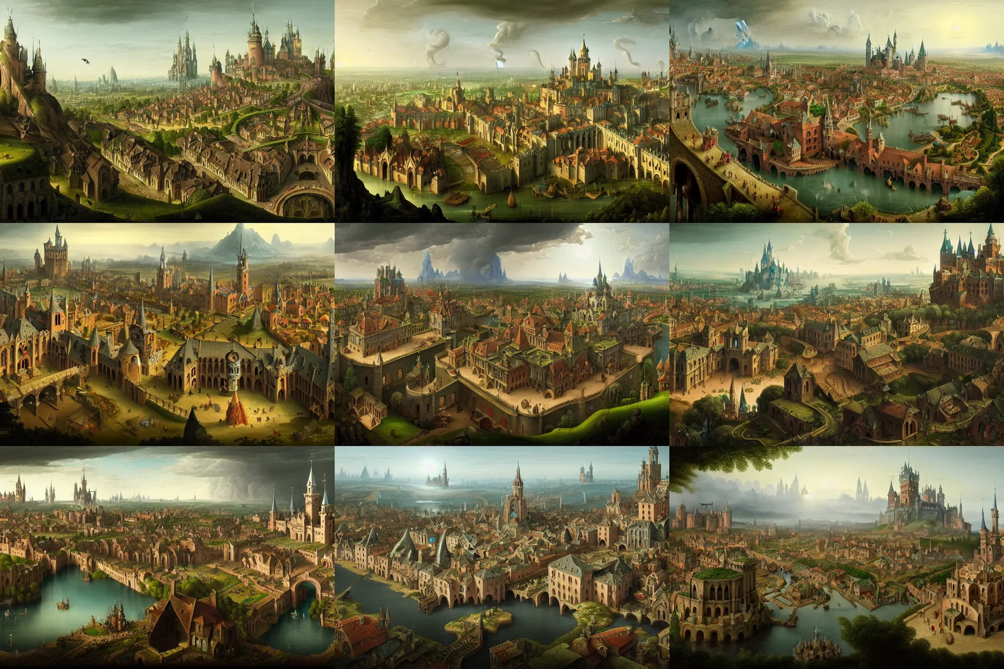 Prompt: a beautiful and insanely detailed matte painting of a magical mythical medieval city with architecture in the style of Heironymous Bosch by Bernardo Bellotto and Jim Burns