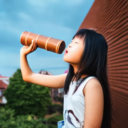 Image similar to an asian girl looking at the sky while having a chocolate ice cream canon eos 5 d mark iv